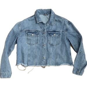 FREE PEOPLE Distressed DENIM JACKET Cut-Off Frayed Edge CROPPED OVERSIZED sz S